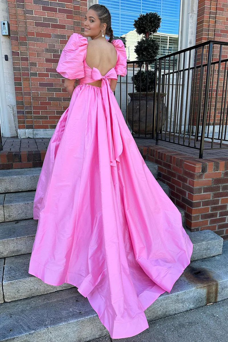 A-line Square Neck Satin Cute Ball Gown Prom Dresses